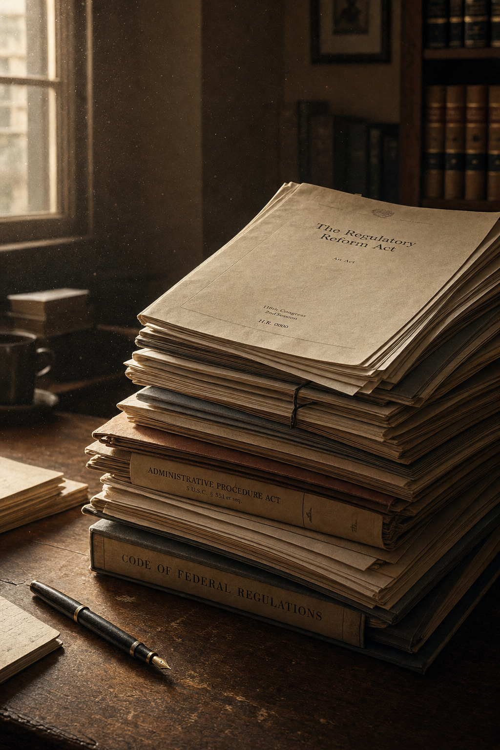 Policy documents stacked on a wooden desk in warm window light