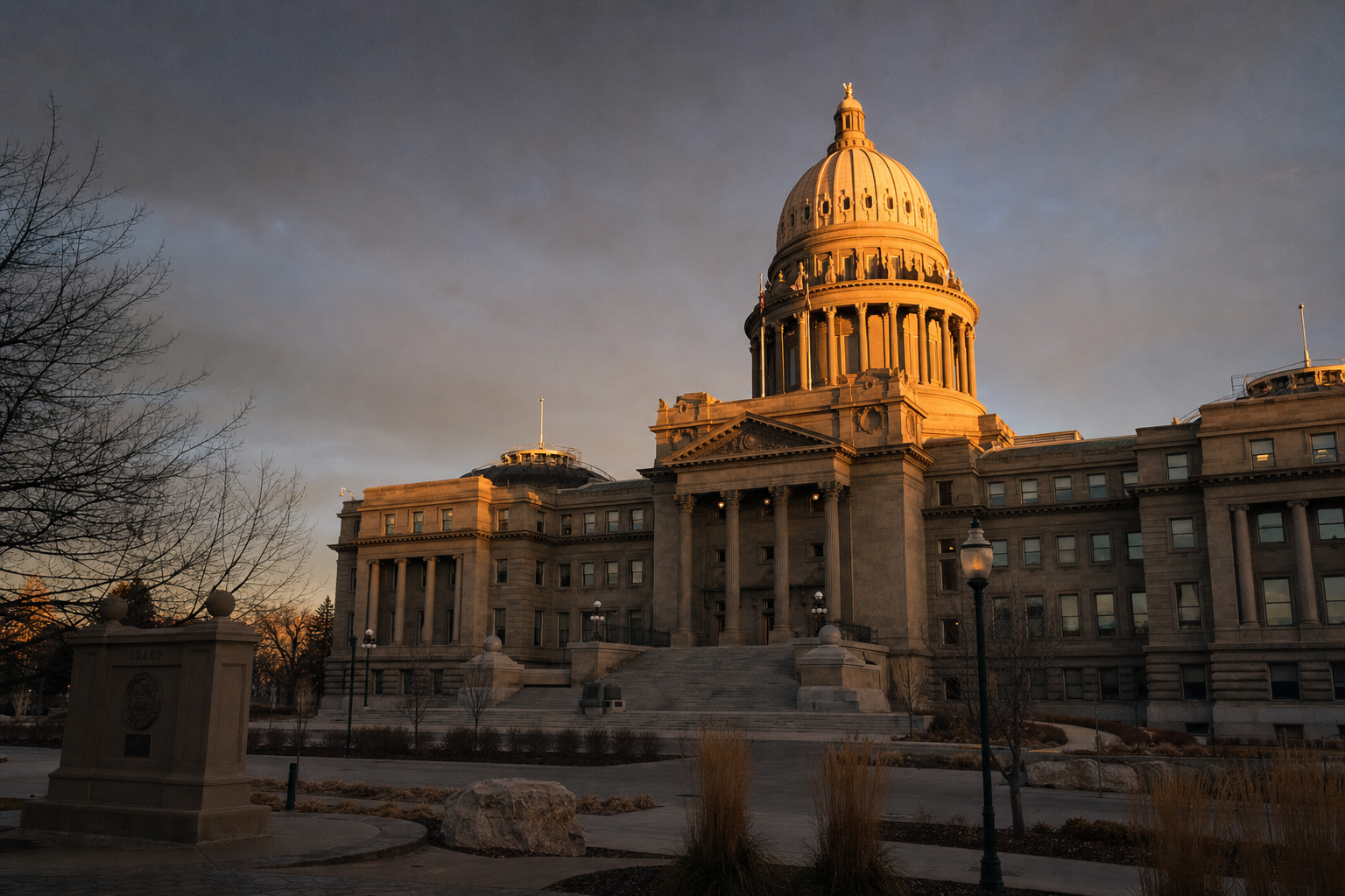 The Idaho State Capitol dome catching warm light at golden hour